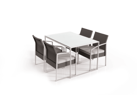 Tavolo rettangolare 120x80 cm in acciaio con top in vetro e 4 poltrone in acciaio e polyrattan - foto 1