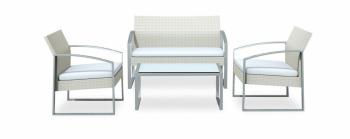 Salotto imbottito sulla seduta composto da divano 2 posti con 2 poltrone in acciaio e polyrattan e tavolino rettangolare con piano in vetro