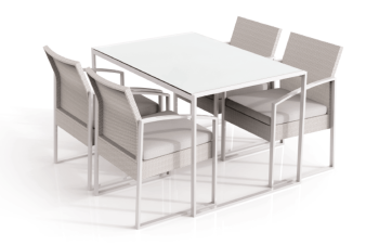 Tavolo rettangolare 120x80 cm in acciaio con top in vetro e 4 poltrone in acciaio e polyrattan